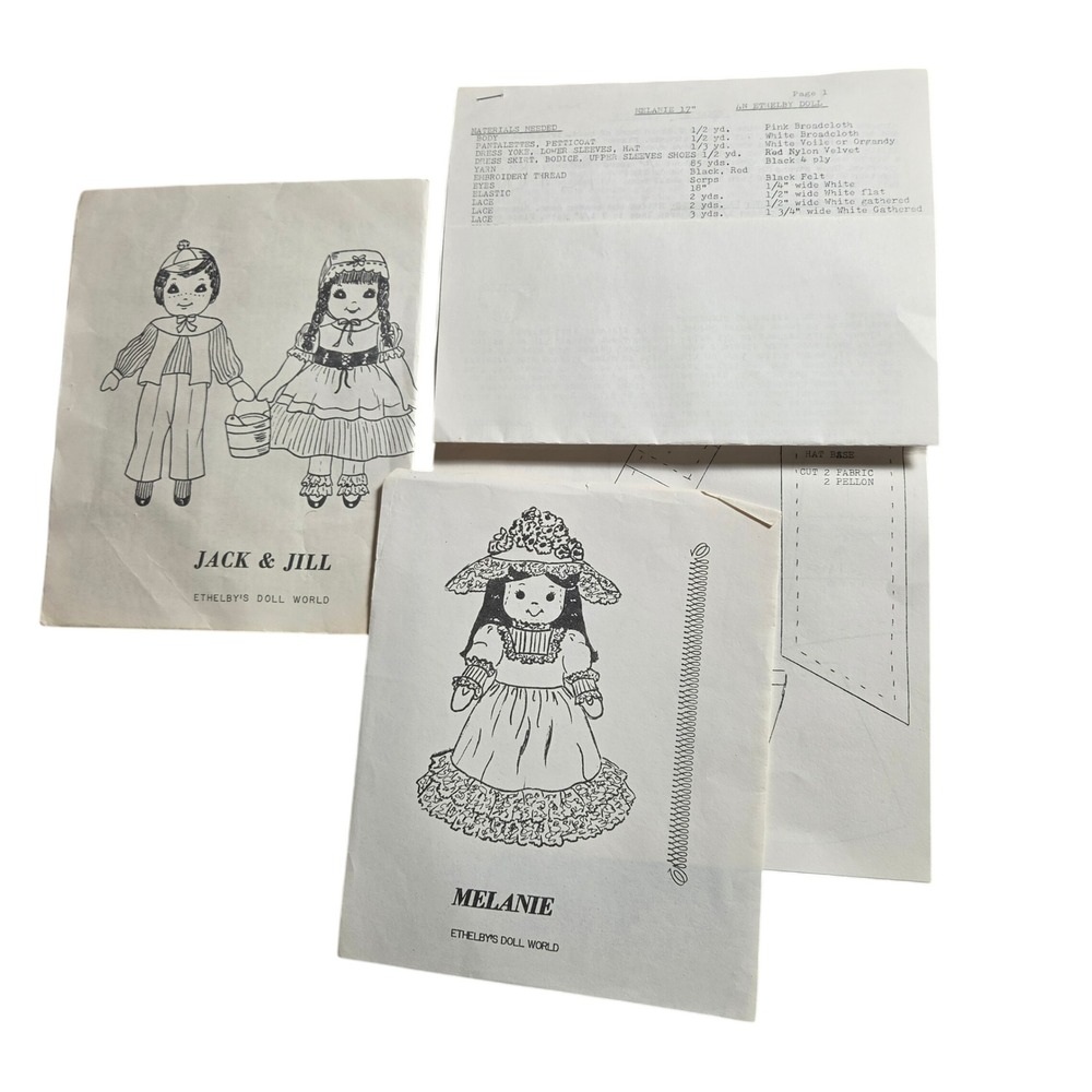 Vintage Lot Ethelby's Doll World Sewing Patterns Jack & Jill 18" Melanie 17"